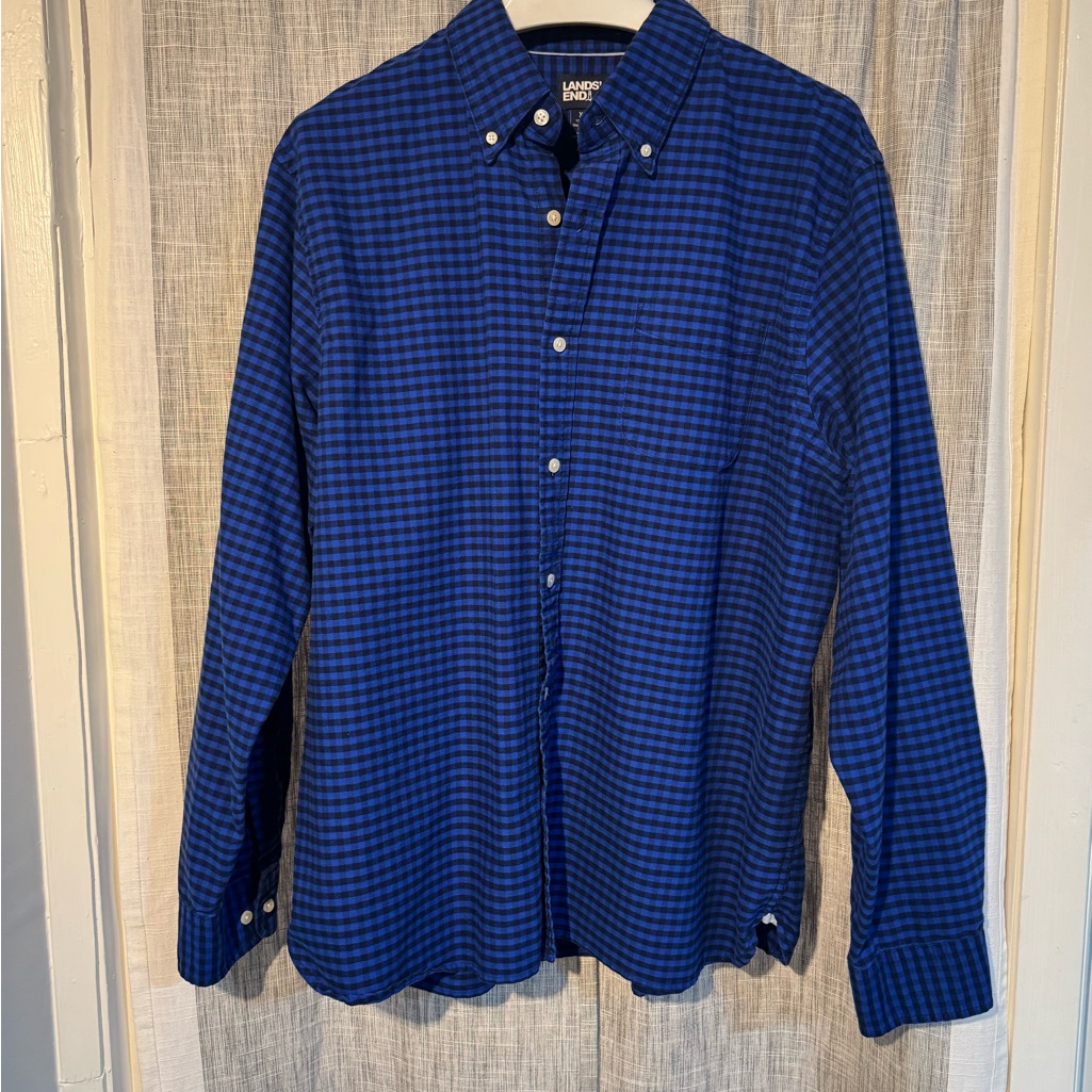 Xl, No Iron, Lands' End Men's Navy Plaid Button Down Shirt